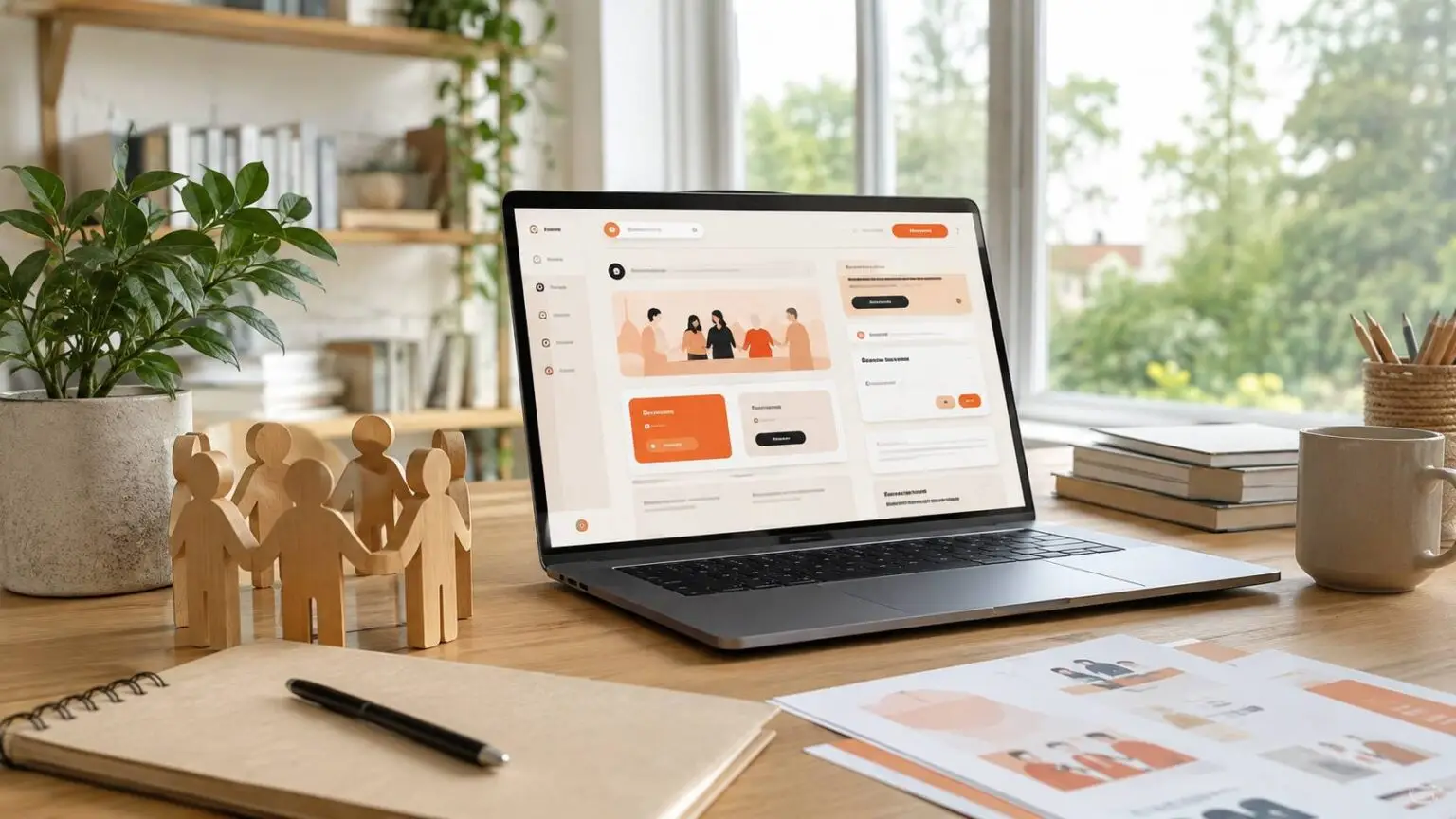 Werkplek met laptop waarop een platform voor maatschappelijke betrokkenheid en solidariteit wordt weergegeven.