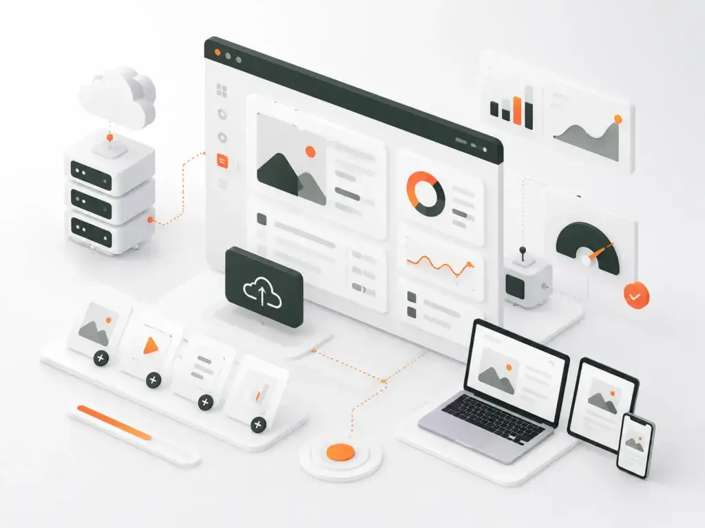 3D-illustratie van een contentplatform met uploadmodules, analyses, cloudservers en responsive publicatie op meerdere apparaten