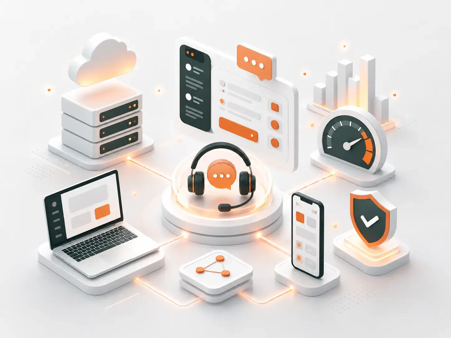 3D-illustratie van technische ondersteuning met contactinterface, headset, cloudservers, websiteprestaties, beveiliging en responsive apparaten