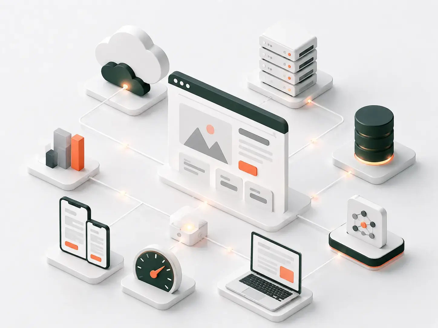 Deze 3D-illustratie van een verbonden websiteplatform met cloudhosting, servers, database, responsive apparaten en partnerintegraties sluit aan bij de pagina Over ons Solidariteit ZO.