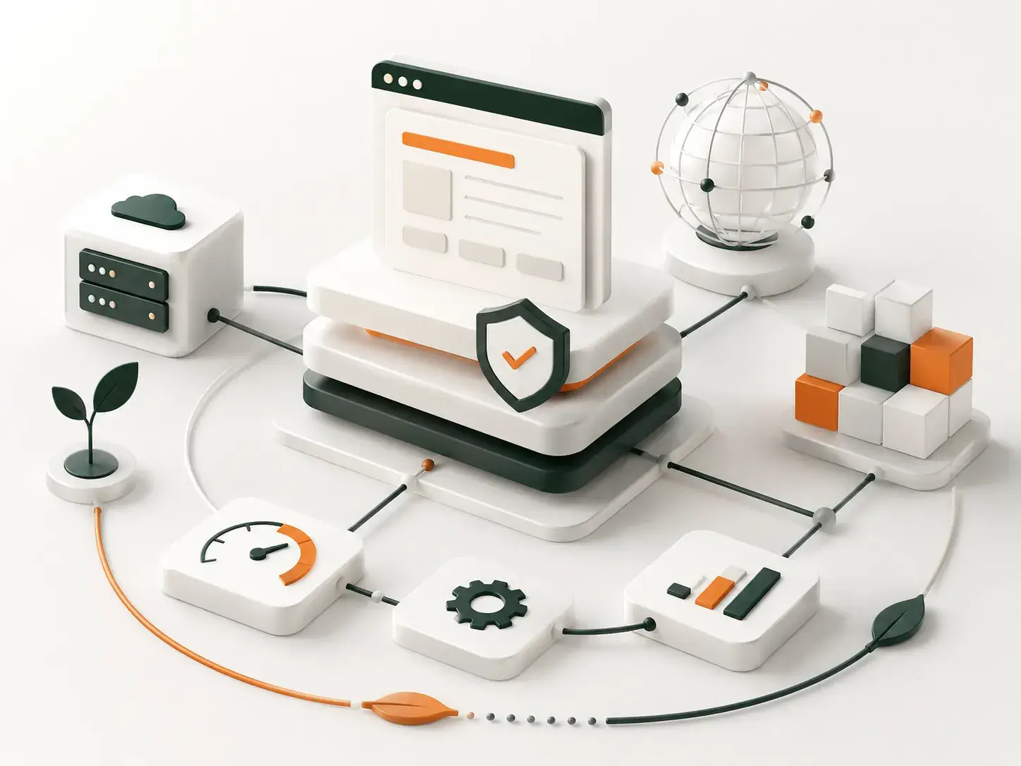 3D-illustratie van een schaalbaar webplatform met beveiliging, cloudtechnologie, netwerkverbindingen en duurzame groeisymbolen