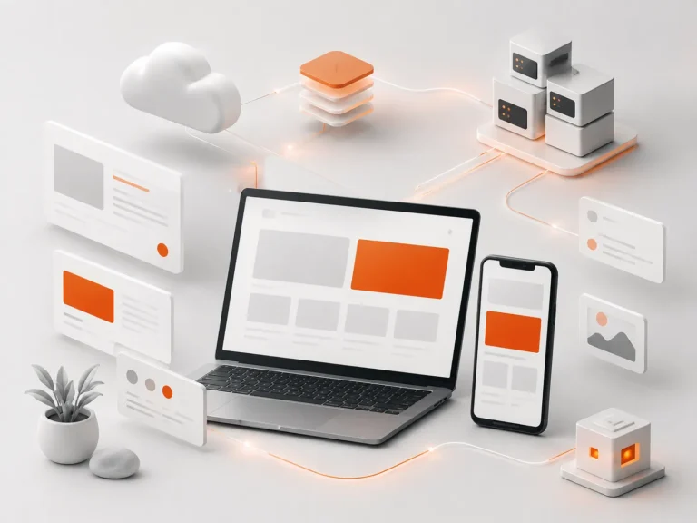 3D-illustratie van een responsive website op laptop en smartphone met cloudhosting, servers en verbonden webmodules