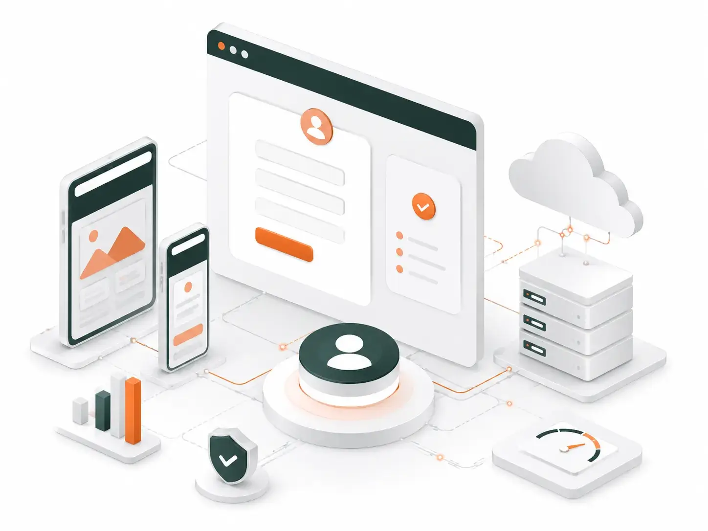 3D-illustratie van een registratieproces met gebruikersaccount, responsive apparaten, cloudhosting, beveiliging en websiteprestaties