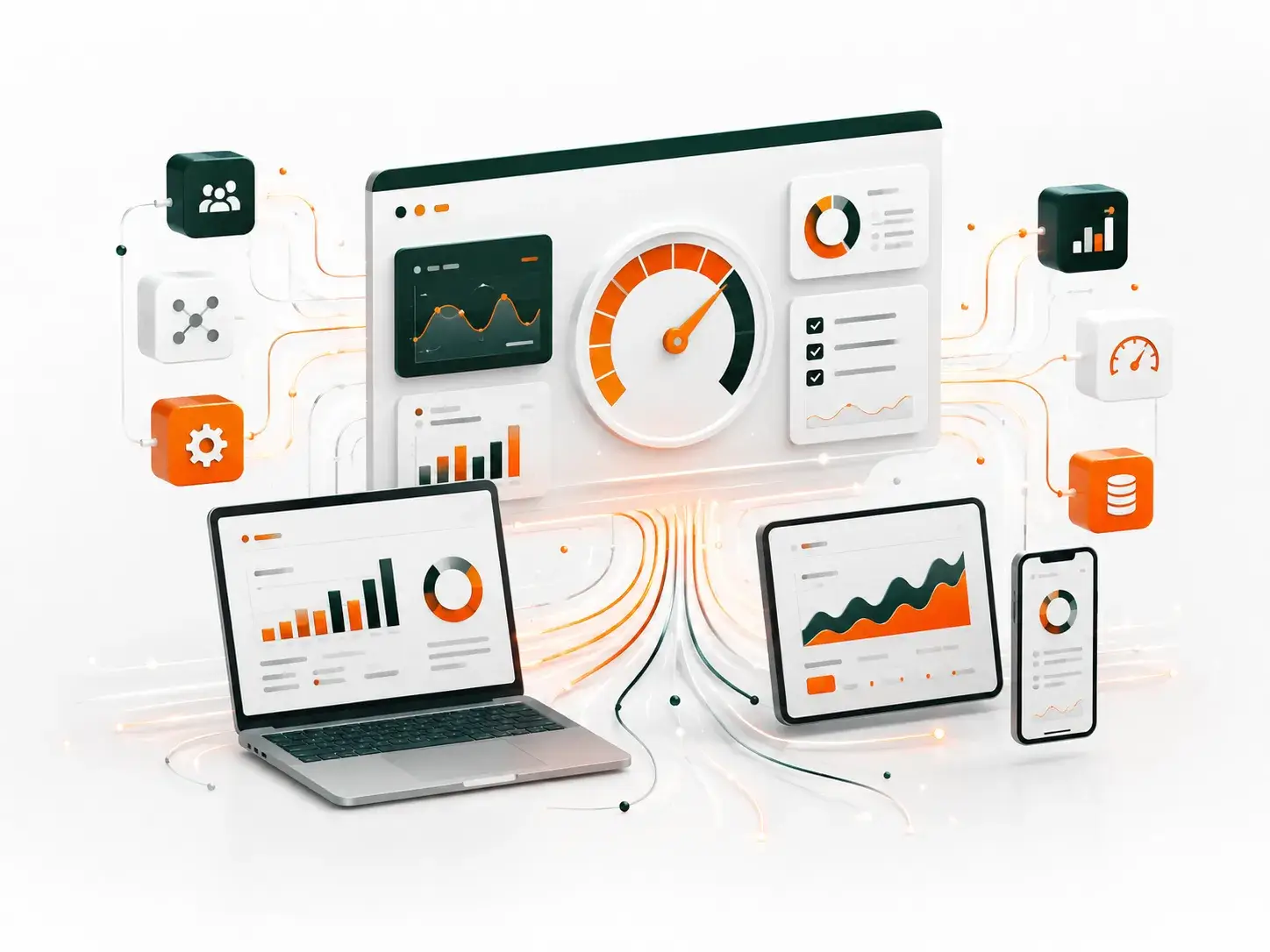 Deze 3D-illustratie van websiteoptimalisatie met prestatiedashboard, snelheidsmeter, analyses en verbonden apparaten sluit visueel aan bij de pagina Over ons Solidariteit ZO.