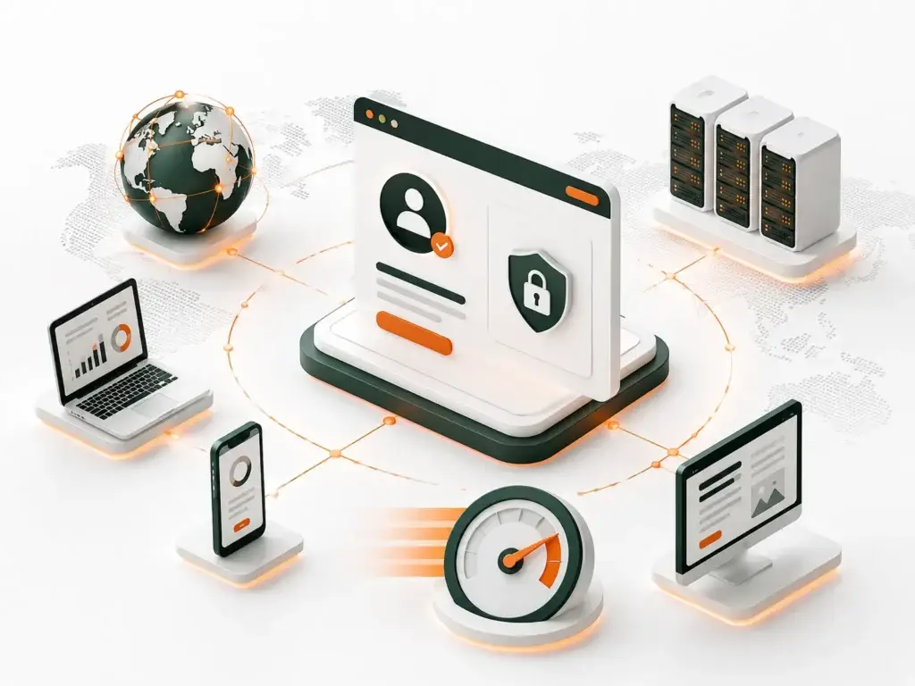 3D-illustratie van een beveiligd gebruikersaccount met wereldwijd netwerk, servers, websiteprestaties en toegang via verschillende apparaten