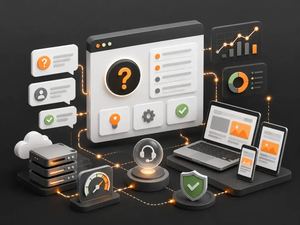 3D-illustratie van een FAQ-dashboard met technische ondersteuning, websiteprestaties, responsive apparaten, beveiliging en cloudservers