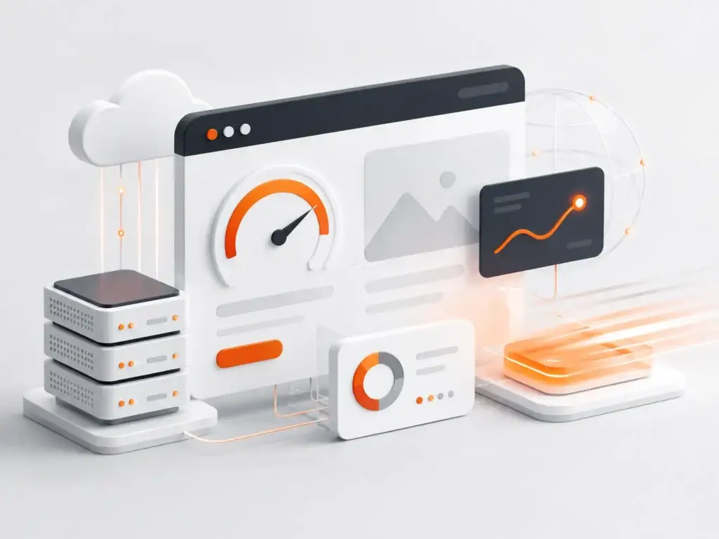 3D-illustratie van een snelle website met server, cloud, prestatiemeter en webanalyse in oranje en grijs
