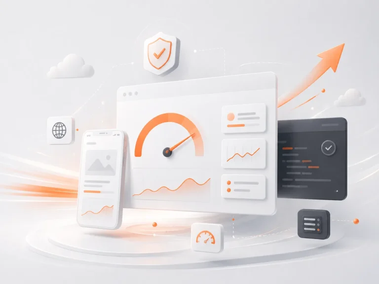 3D-illustratie van websiteoptimalisatie met snelheidsmeter, beveiliging, mobiele weergave en prestatiegrafieken