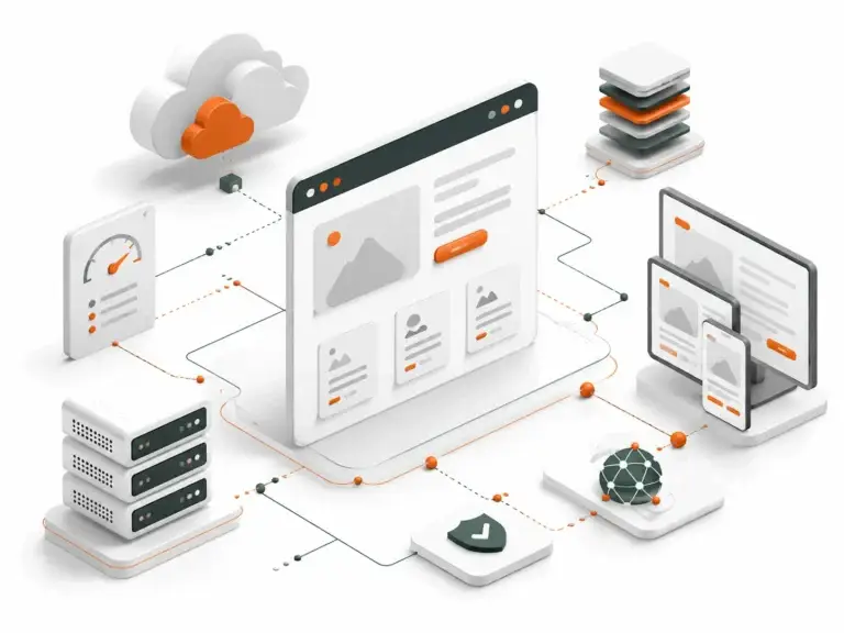 Deze 3D-illustratie toont een moderne websitearchitectuur met cloudhosting, servers, responsive apparaten, beveiliging en verbonden webcomponenten, en sluit aan bij de inhoud van Over ons Solidariteit ZO.